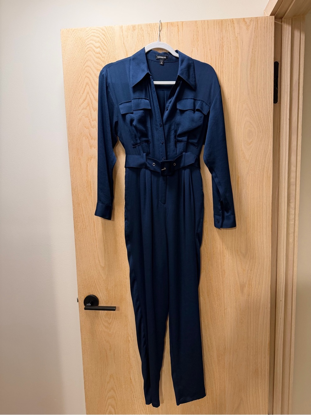 Express Navy Long-Sleeve Belted Jumpsuit
